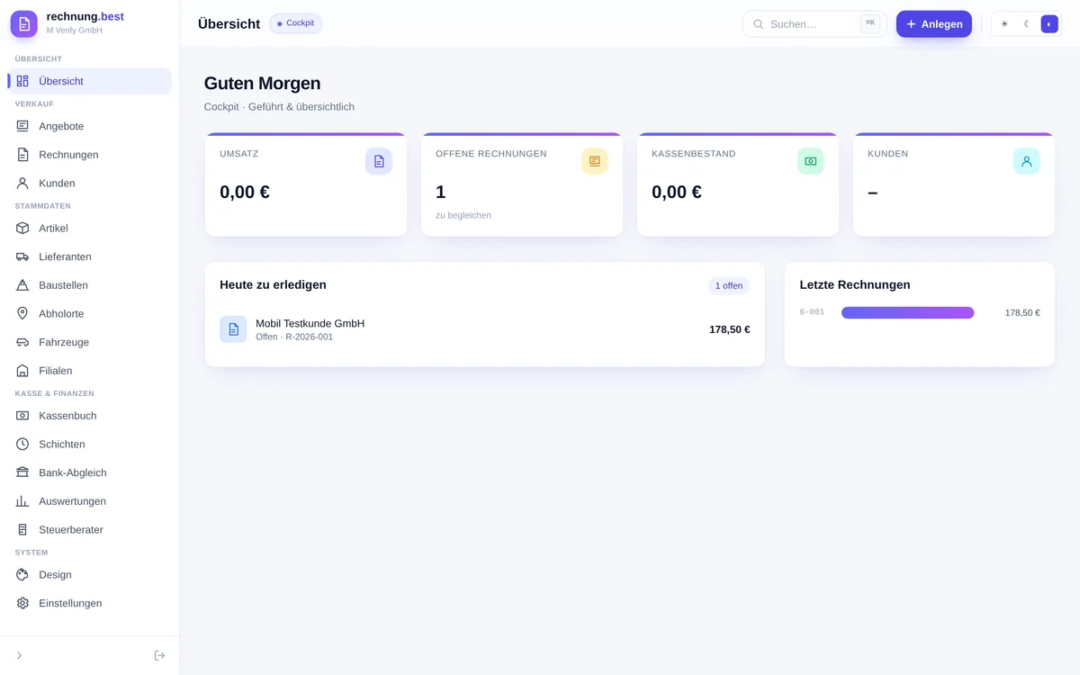 rechnung.best Dashboard im Cockpit-Modus mit Umsatz, offenen Rechnungen und Kassenbestand