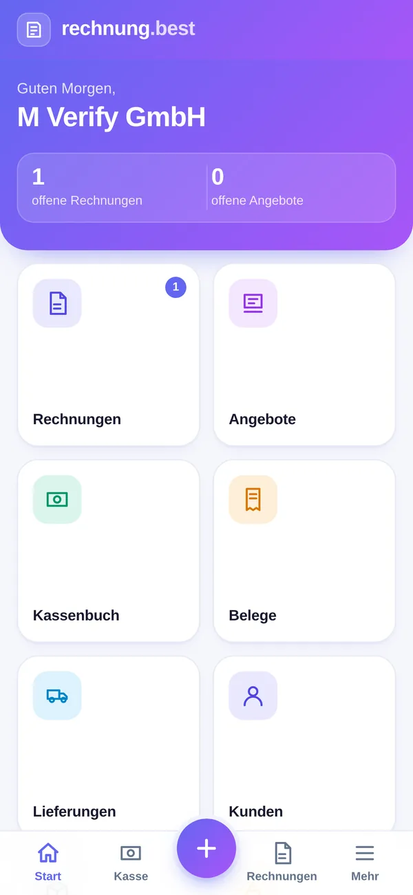 rechnung.best mobile Startseite mit Kacheln für Rechnungen, Angebote, Kassenbuch und Belege