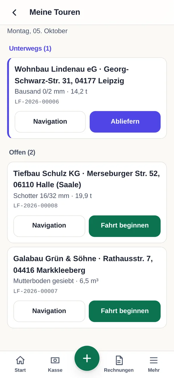 Fahrer-App von rechnung.best: Lieferungen des Tages mit Status und Navigation