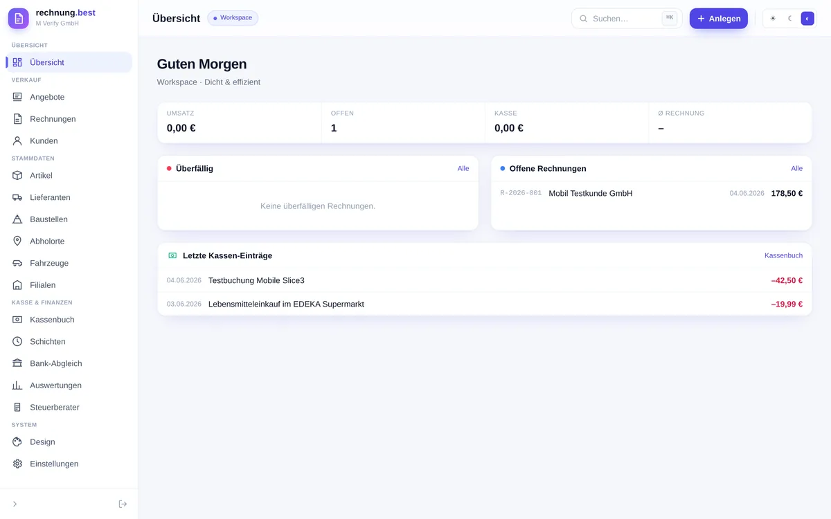 Dashboard im Workspace-Modus mit überfälligen und offenen Rechnungen sowie Kassen-Einträgen